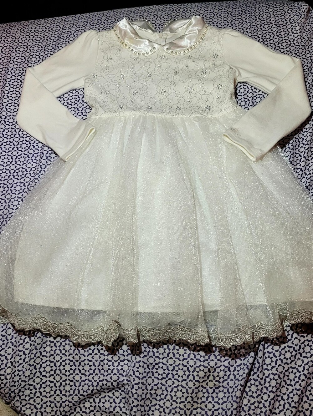 Girls Pearl-Trim Ivory Lace & Tulle Party Dress